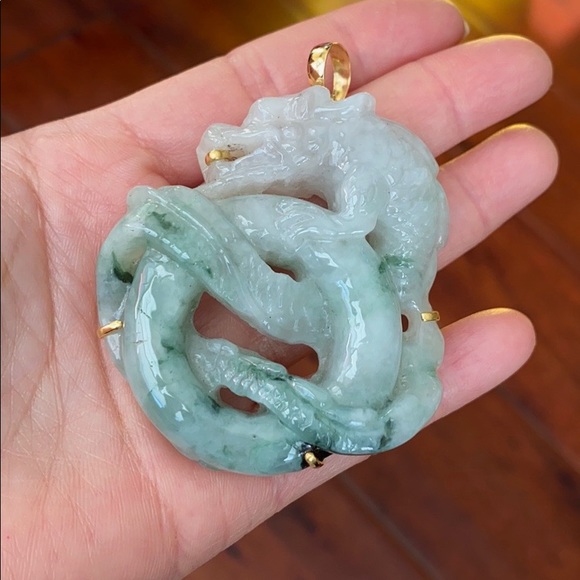 14K Real Gold Carved Dragon Natural Jade Pendant L